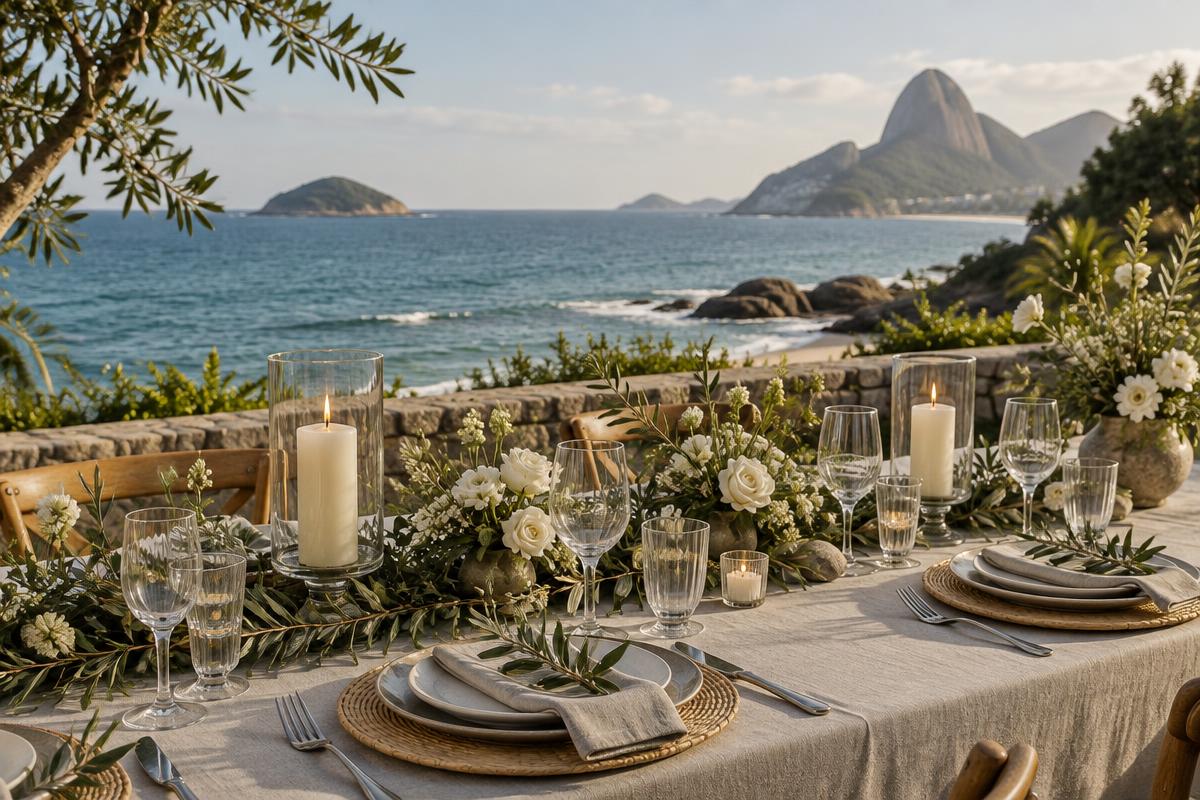 Mesa de casamento com folhagens verdes e louças em tons neutros à beira-mar